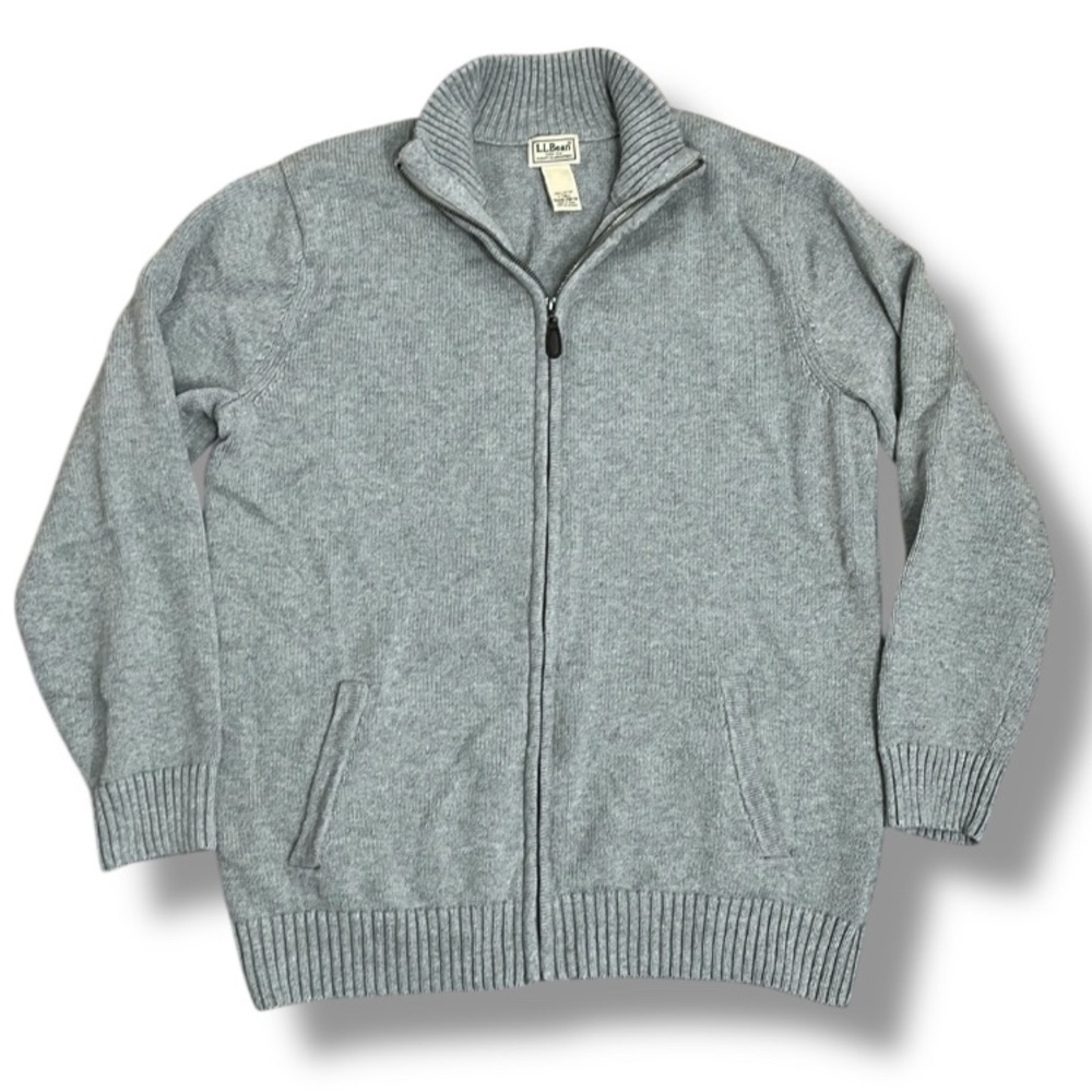 LL Bean Men's Full Zip Sweater Jacket Size LT Gray Ribbed  Mock Neck 90s Cotton